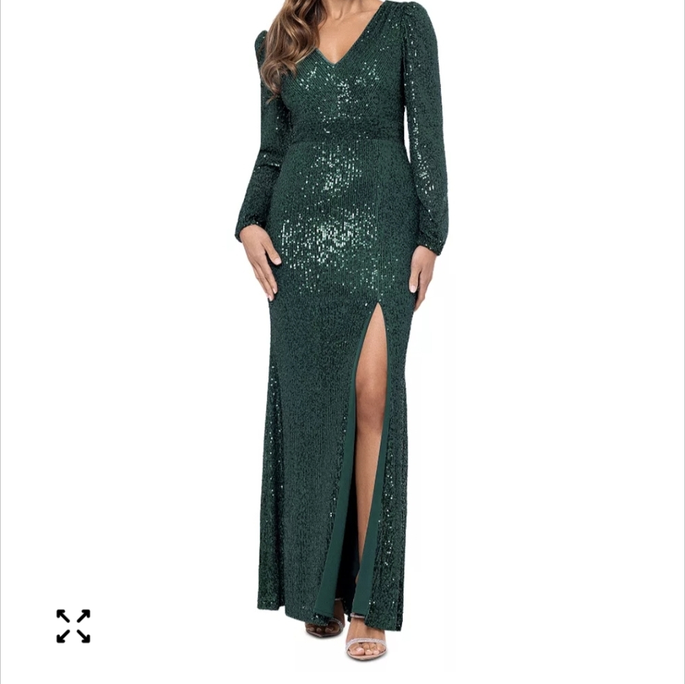 Xscape Green Sequin Long Sleeve Dress